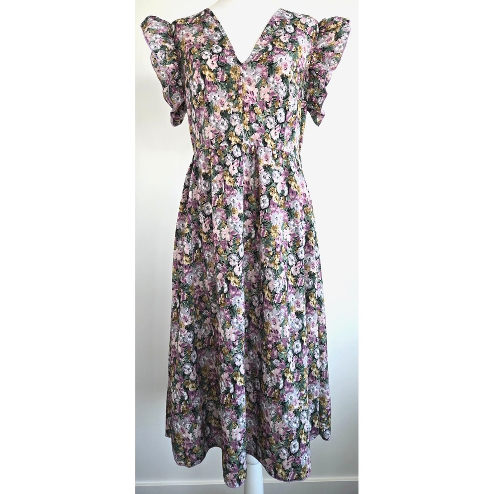 Shein Cottage Core 80s Ruffle Sleeves Maxi Dress Floral Green Purple White Pink